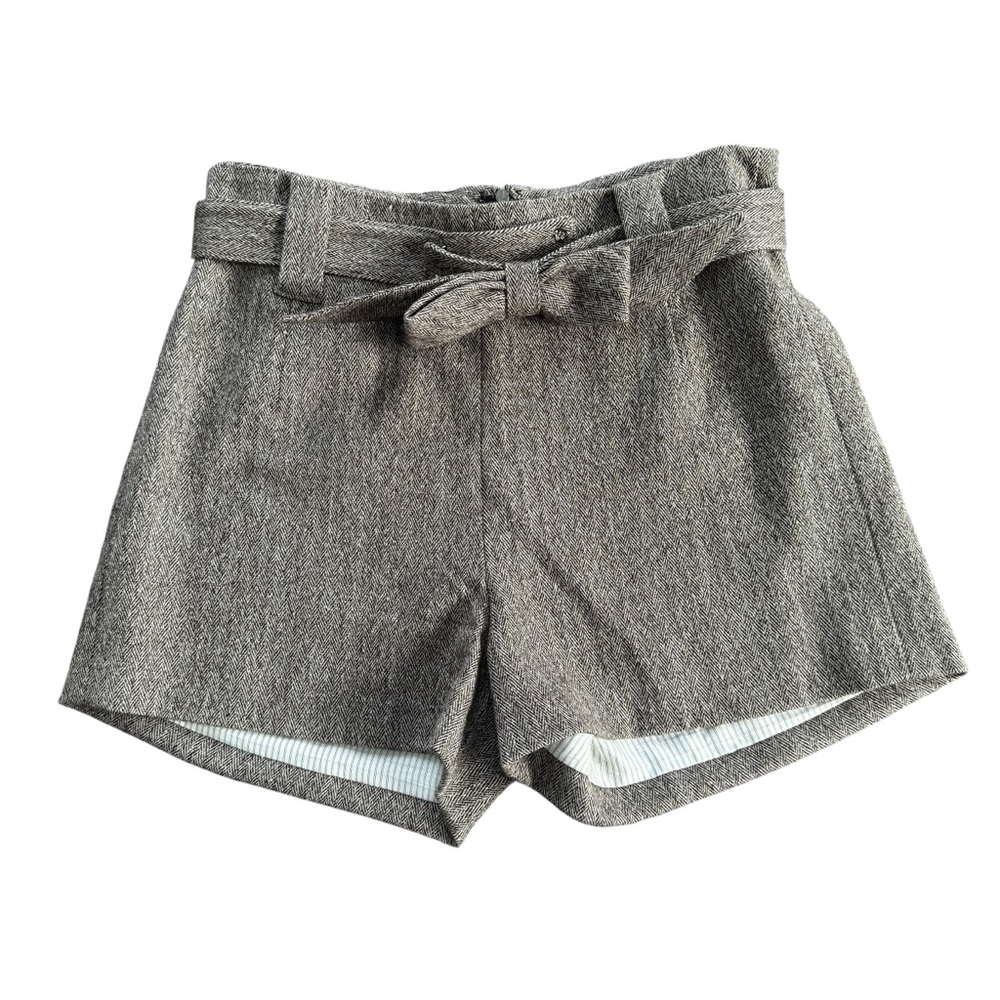 Wool Brown High Waist Paper-Bag Shorts with Bow Belt